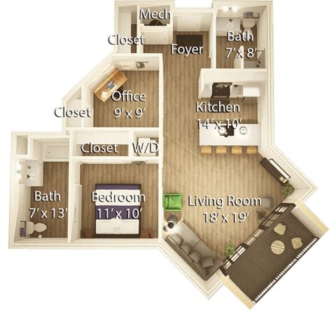Floor plan for 1 bed, 2 baths, 939 sqft